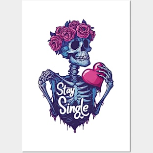 Stay Single: Pop Art Skull with Rose Crown & Heart Motif Posters and Art